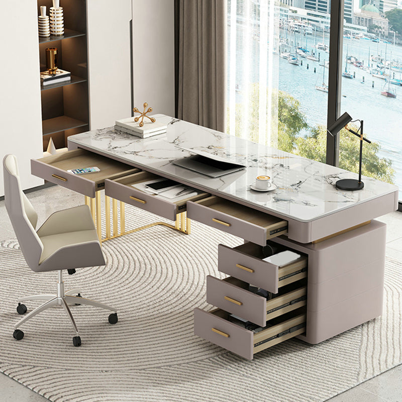 Modern Stone Office Desk Rectangular Shape Task Desk with 6-Drawers in Grey