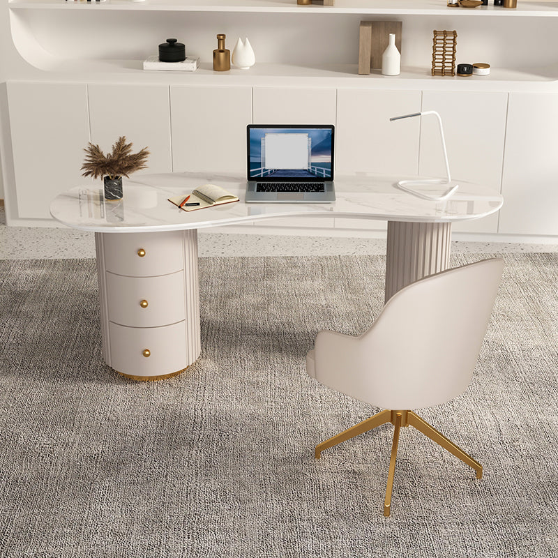 Modern Stone Office Desk Irregular Shape Task Desk with 3-Drawers in White