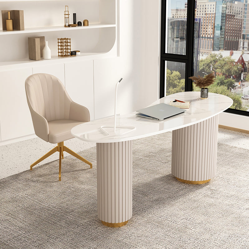 Modern Stone Office Desk Irregular Shape Task Desk with 3-Drawers in White