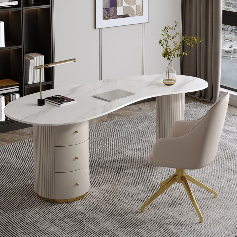 Modern Stone Office Desk Irregular Shape Task Desk with 3-Drawers in White