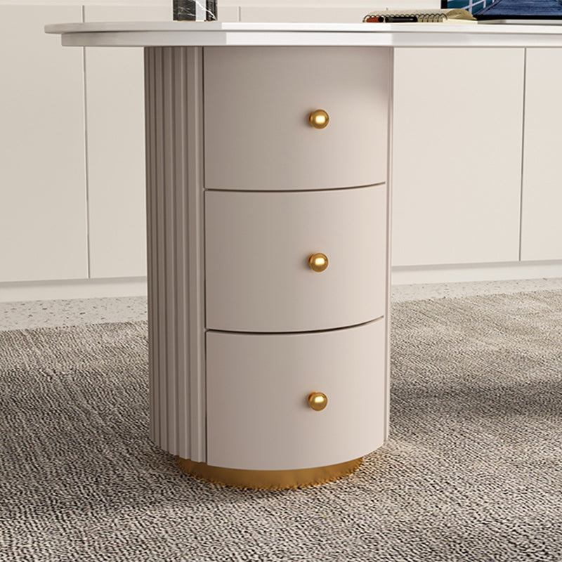 Modern Stone Office Desk Irregular Shape Task Desk with 3-Drawers in White