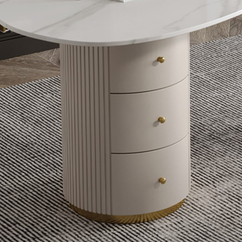 Modern Stone Office Desk Irregular Shape Task Desk with 3-Drawers in White