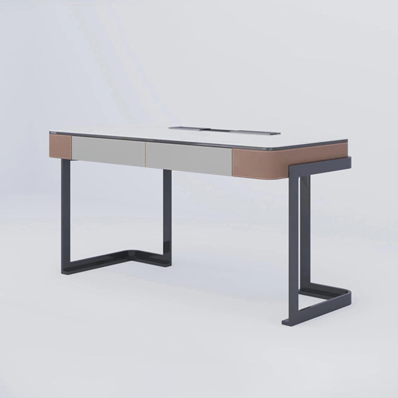 Modern Stone Office Desk Rectangular Shape Task Desk with 2-Drawers in White/Grey