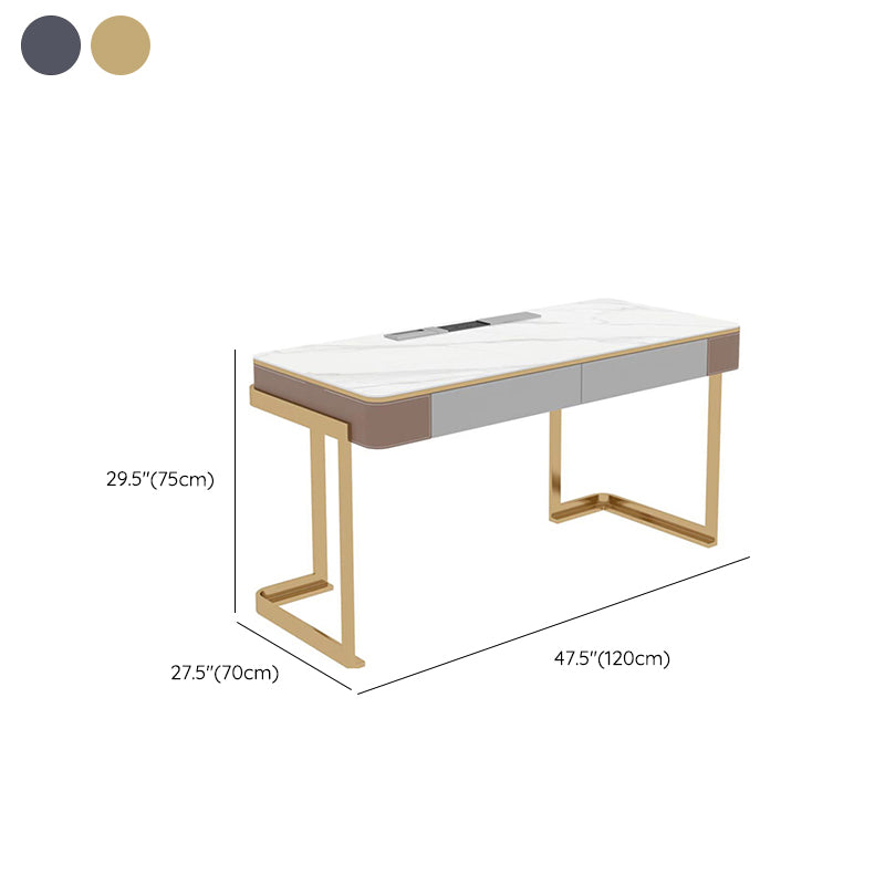 Modern Stone Office Desk Rectangular Shape Task Desk with 2-Drawers in White/Grey