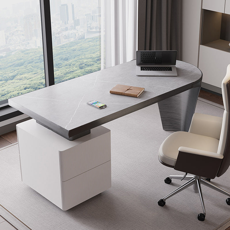 Modern Stone Top Office Desk Free Form Task Desk with 2 Drawers for Home