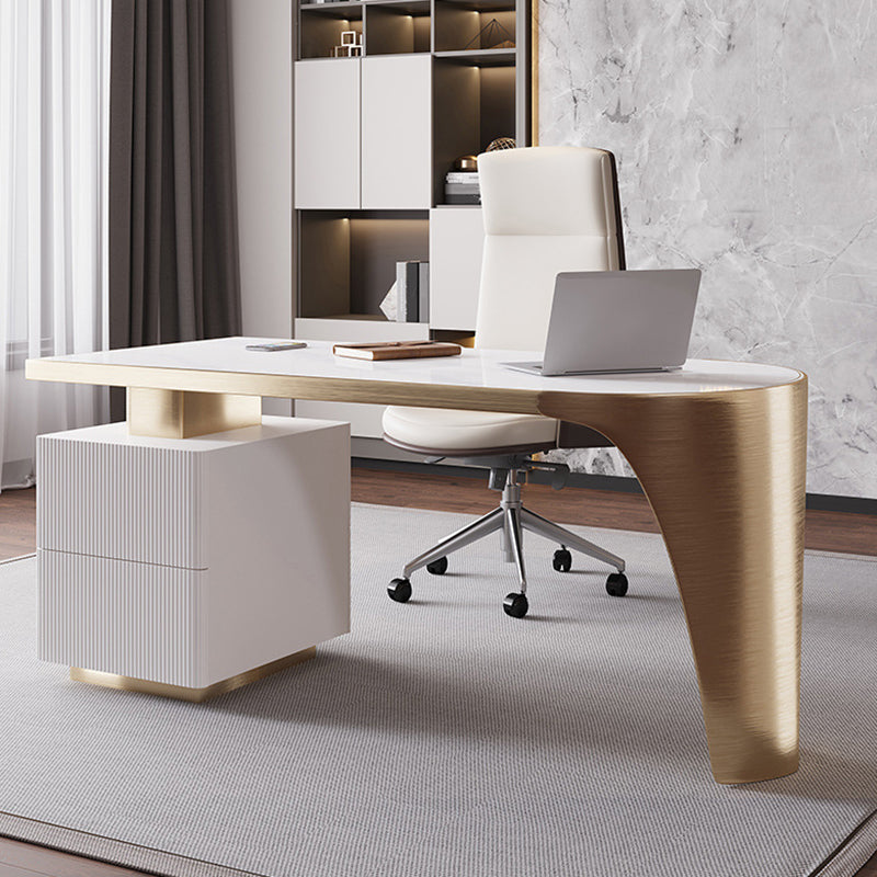 Modern Stone Top Office Desk Free Form Task Desk with 2 Drawers for Home