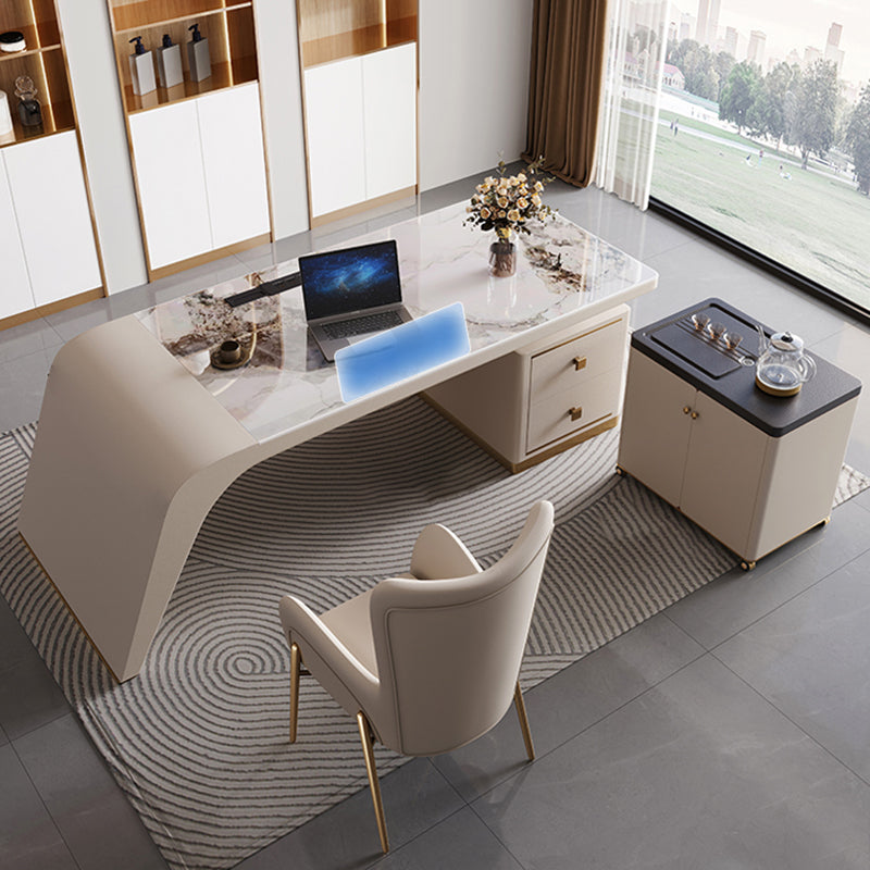 Modern Stone Office Desk Rectangular Shape Task Desk with 2-Drawers for Office