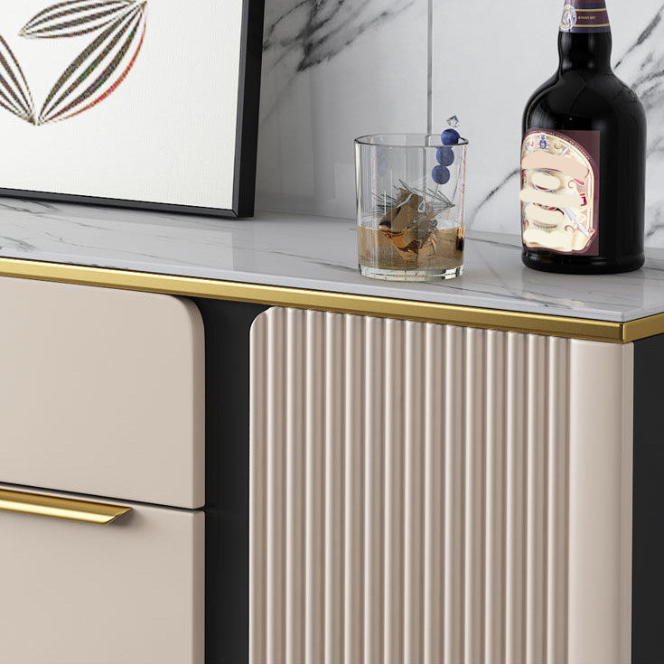 Glam Style Credenza Stone Adjustable Shelving Side Board with Cabinets and Drawers