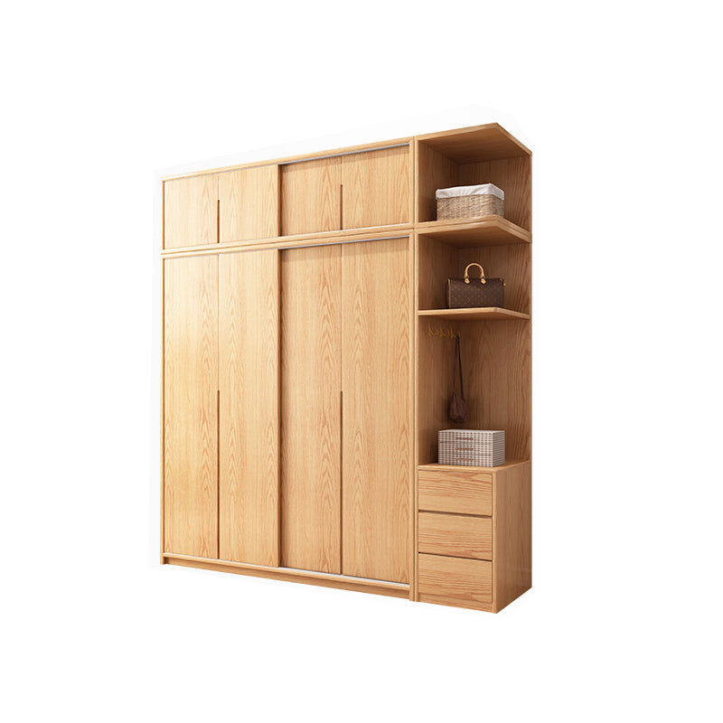 Oak Solid Wood Kids Closet Modern Style Brown Wardrobe Closet with Sliding Door