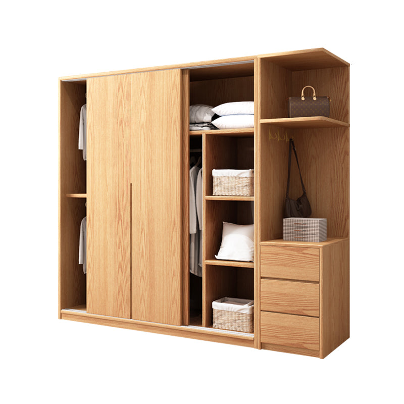 Oak Solid Wood Kids Closet Modern Style Brown Wardrobe Closet with Sliding Door