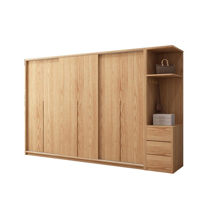 Oak Solid Wood Kids Closet Modern Style Brown Wardrobe Closet with Sliding Door