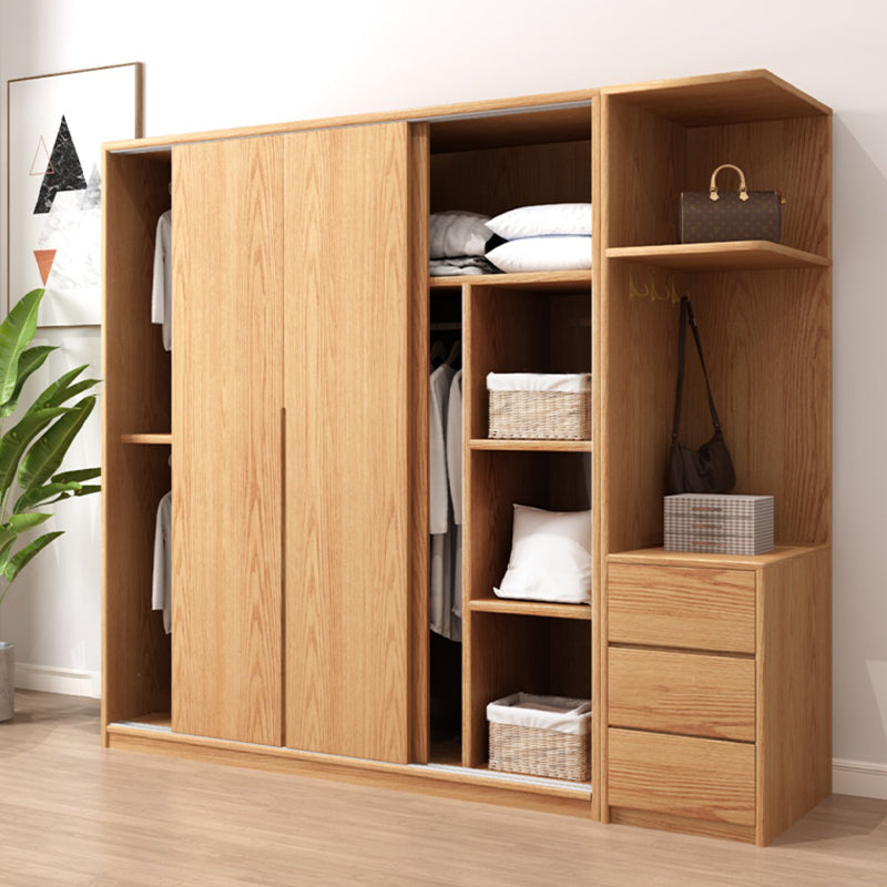 Oak Solid Wood Kids Closet Modern Style Brown Wardrobe Closet with Sliding Door