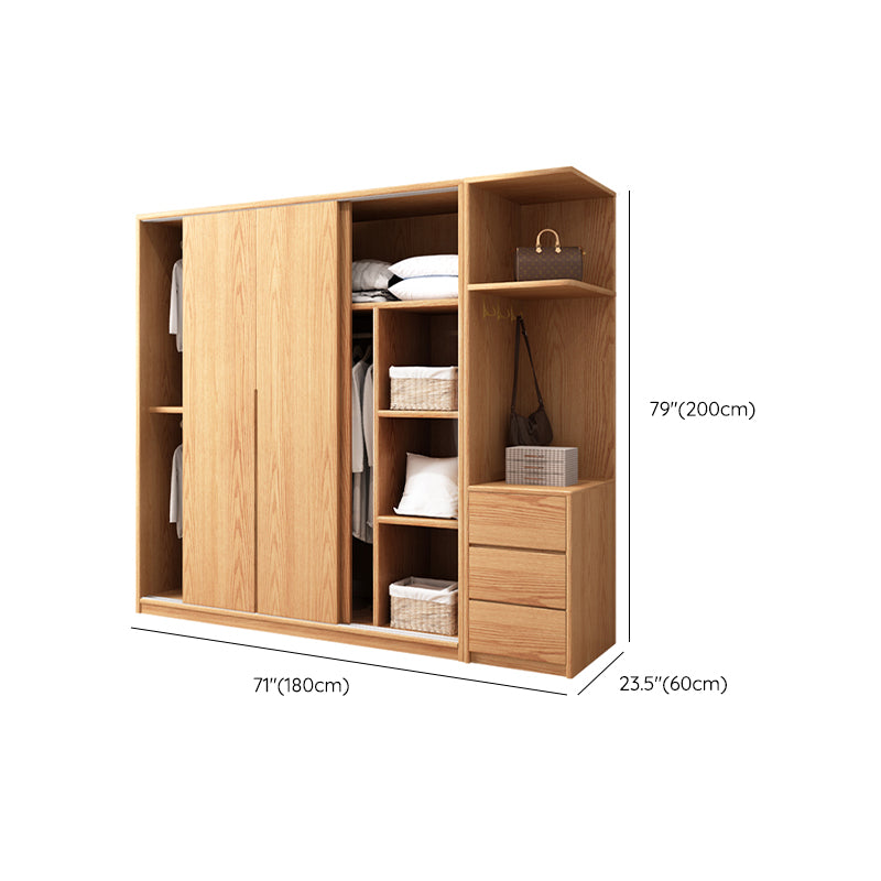 Oak Solid Wood Kids Closet Modern Style Brown Wardrobe Closet with Sliding Door