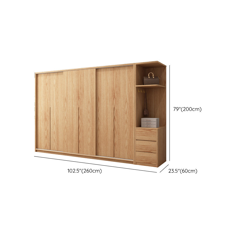 Oak Solid Wood Kids Closet Modern Style Brown Wardrobe Closet with Sliding Door