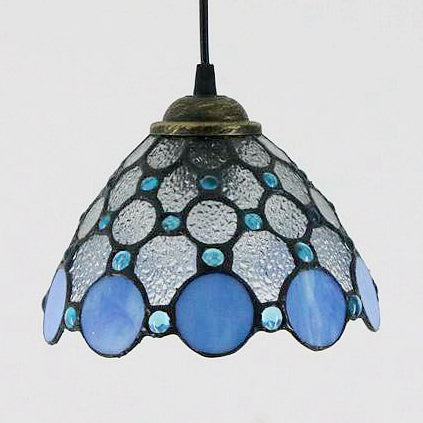 Wide Flare White/Blue/Textured White Handcrafted Art Glass Ceiling Light Tiffany-Style 1 Head Suspended Lighting Fixture