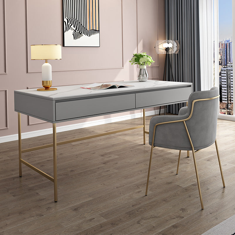 Modern Stone Office Desk Rectangular Shape Task Desk with 2-Drawers in Grey and Gold