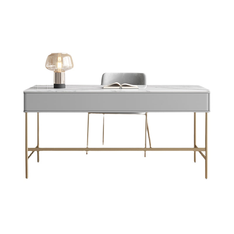 Modern Stone Office Desk Rectangular Shape Task Desk with 2-Drawers in Grey and Gold