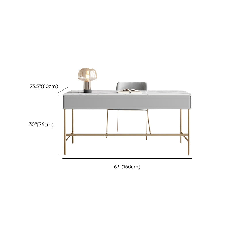 Modern Stone Office Desk Rectangular Shape Task Desk with 2-Drawers in Grey and Gold