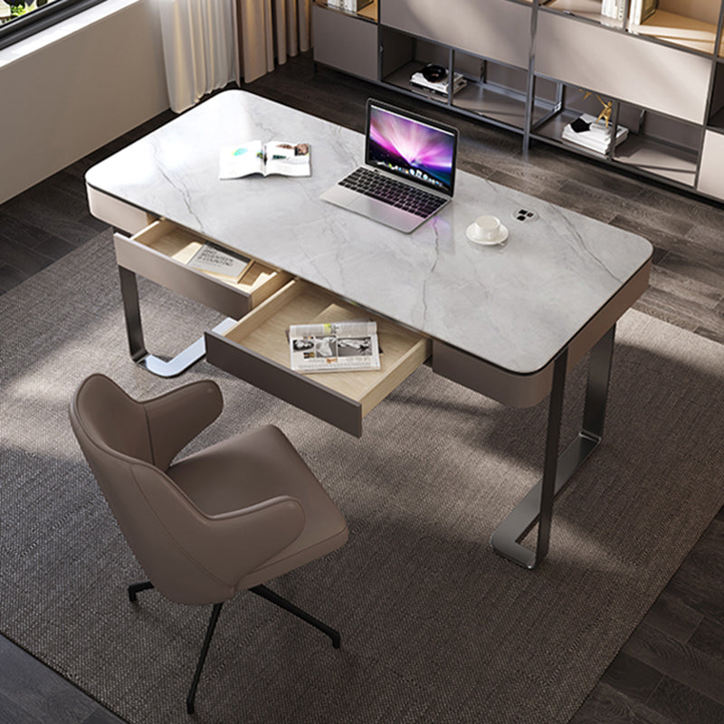 Modern Stone Office Desk Rectangular Shape Task Desks with 2-Drawers for Office