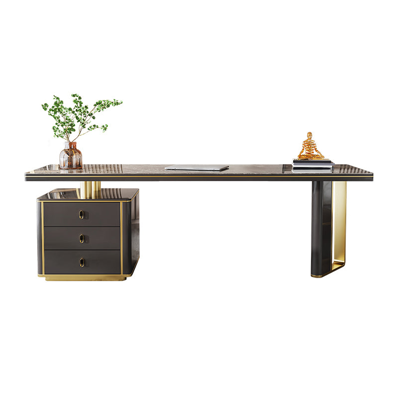 Modern Stone Office Desk Rectangular Shape Task Desk with 2-Legs in Black