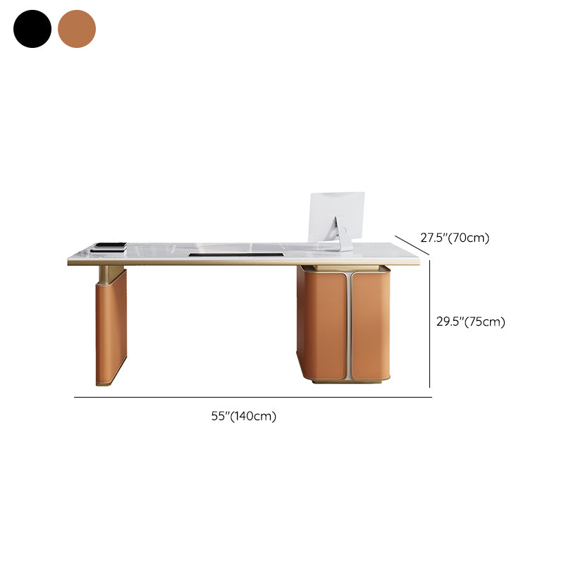 Modern Stone Office Desk Rectangular Shape Task Desk with 3-Drawers in Grey/Orange