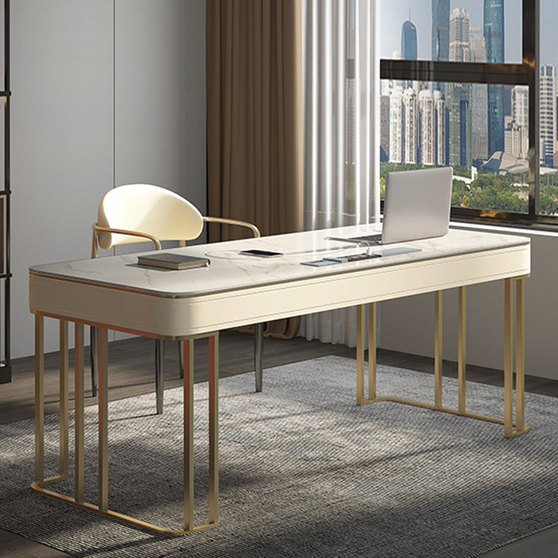 Modern Stone Office Desks Rectangular Shape Task Desks with 2-Drawers in White