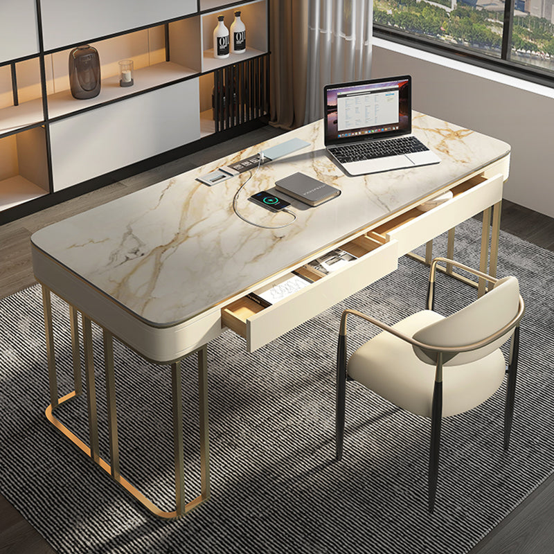 Modern Stone Office Desks Rectangular Shape Task Desks with 2-Drawers in White