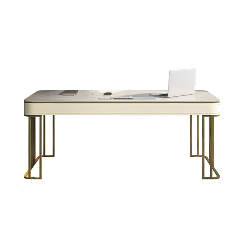 Modern Stone Office Desks Rectangular Shape Task Desks with 2-Drawers in White