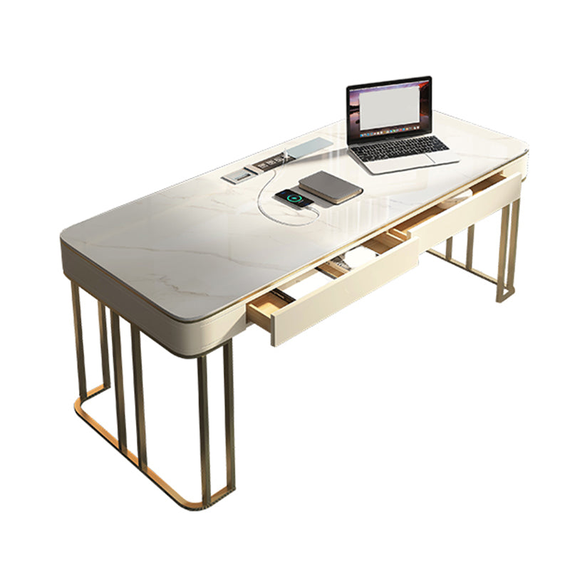 Modern Stone Office Desks Rectangular Shape Task Desks with 2-Drawers in White