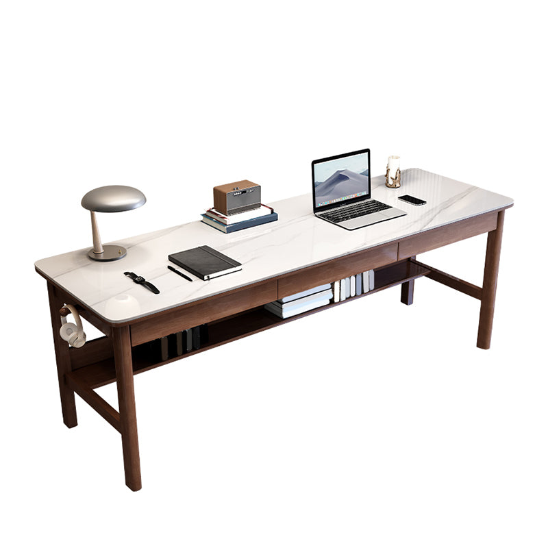 Modern Stone Office Desk Rectangular Shape Task Desk with 4-Legs in Brown/Natural/Grey