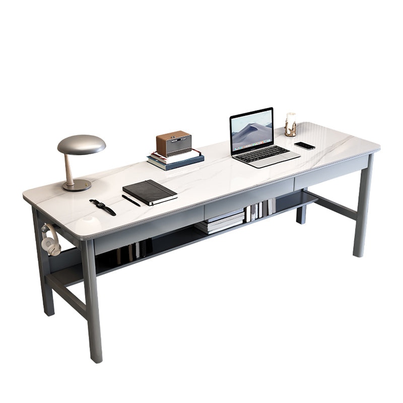 Modern Stone Office Desk Rectangular Shape Task Desk with 4-Legs in Brown/Natural/Grey