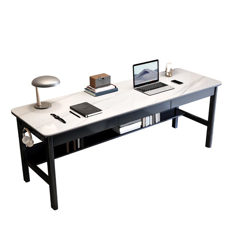 Modern Stone Office Desk Rectangular Shape Task Desk with 4-Legs in Brown/Natural/Grey