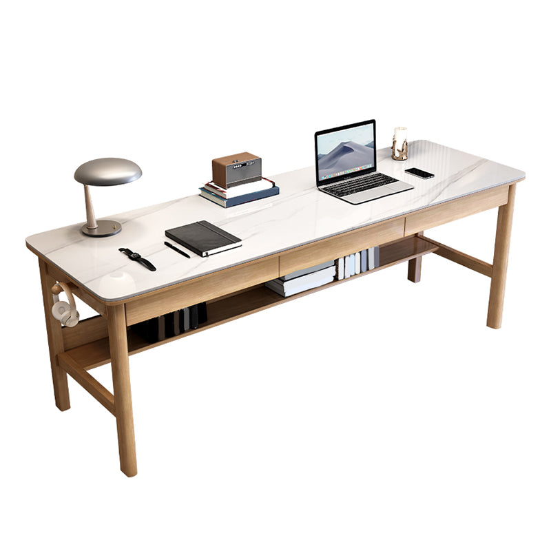 Modern Stone Office Desk Rectangular Shape Task Desk with 4-Legs in Brown/Natural/Grey