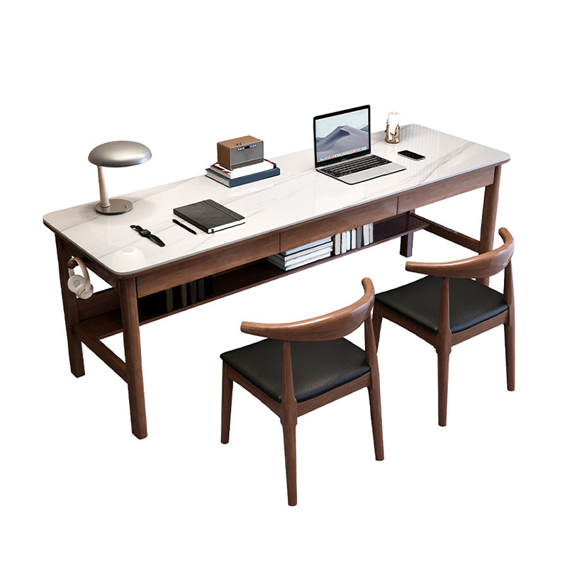 Modern Stone Office Desk Rectangular Shape Task Desk with 4-Legs in Brown/Natural/Grey