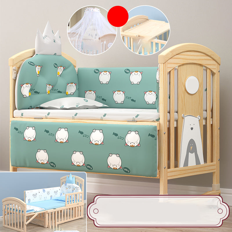 Modern Baby Crib with Guardrail with Casters/Wheels Washed Natural Nursery Bed