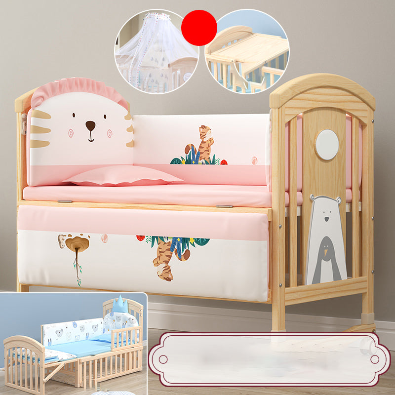 Modern Baby Crib with Guardrail with Casters/Wheels Washed Natural Nursery Bed