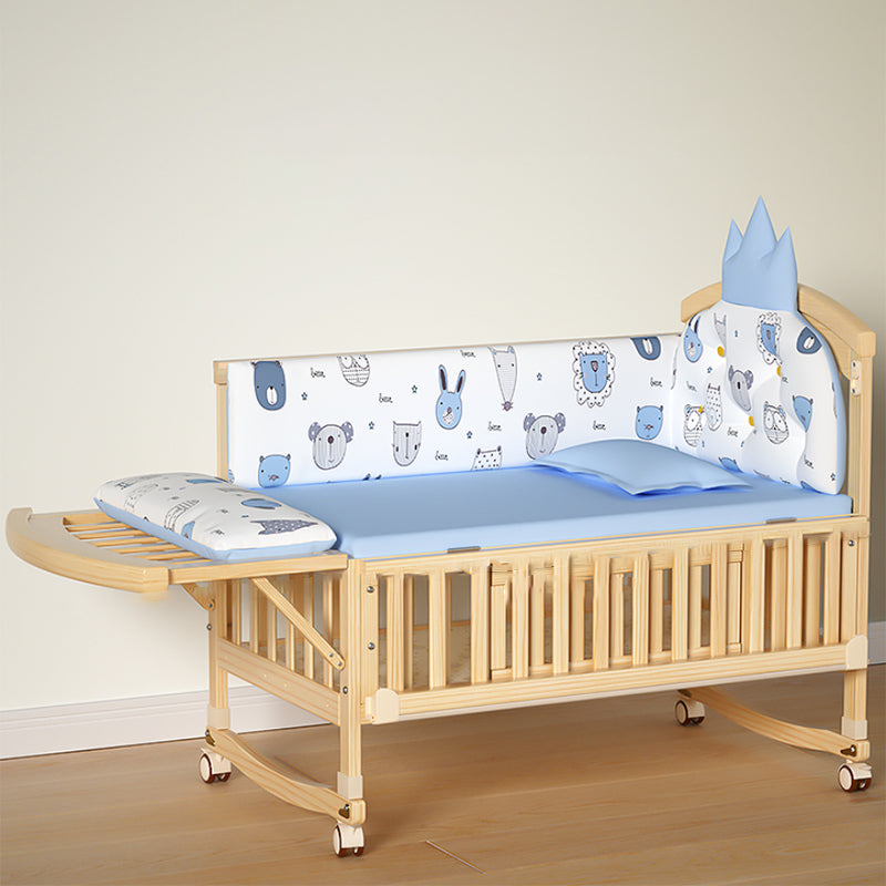 Modern Baby Crib with Guardrail with Casters/Wheels Washed Natural Nursery Bed