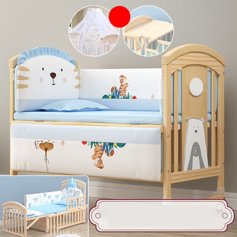 Modern Baby Crib with Guardrail with Casters/Wheels Washed Natural Nursery Bed