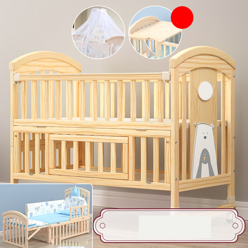 Modern Baby Crib with Guardrail with Casters/Wheels Washed Natural Nursery Bed