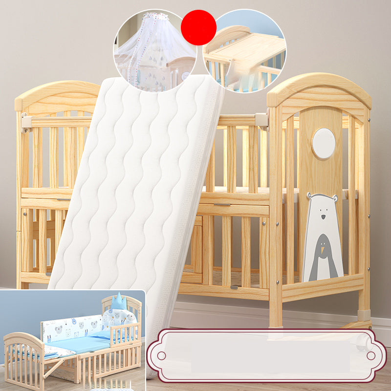 Modern Baby Crib with Guardrail with Casters/Wheels Washed Natural Nursery Bed