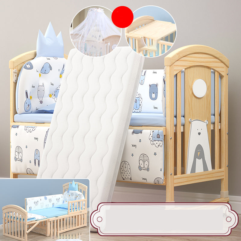 Modern Baby Crib with Guardrail with Casters/Wheels Washed Natural Nursery Bed