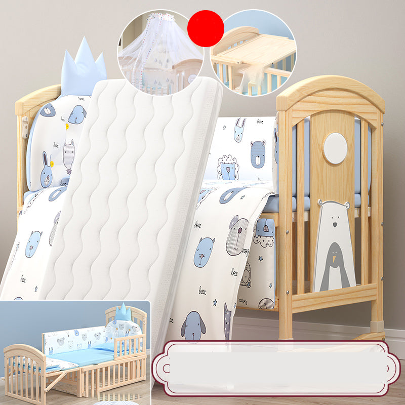 Modern Baby Crib with Guardrail with Casters/Wheels Washed Natural Nursery Bed