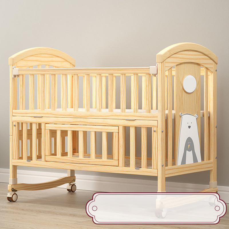 Modern Baby Crib with Guardrail with Casters/Wheels Washed Natural Nursery Bed