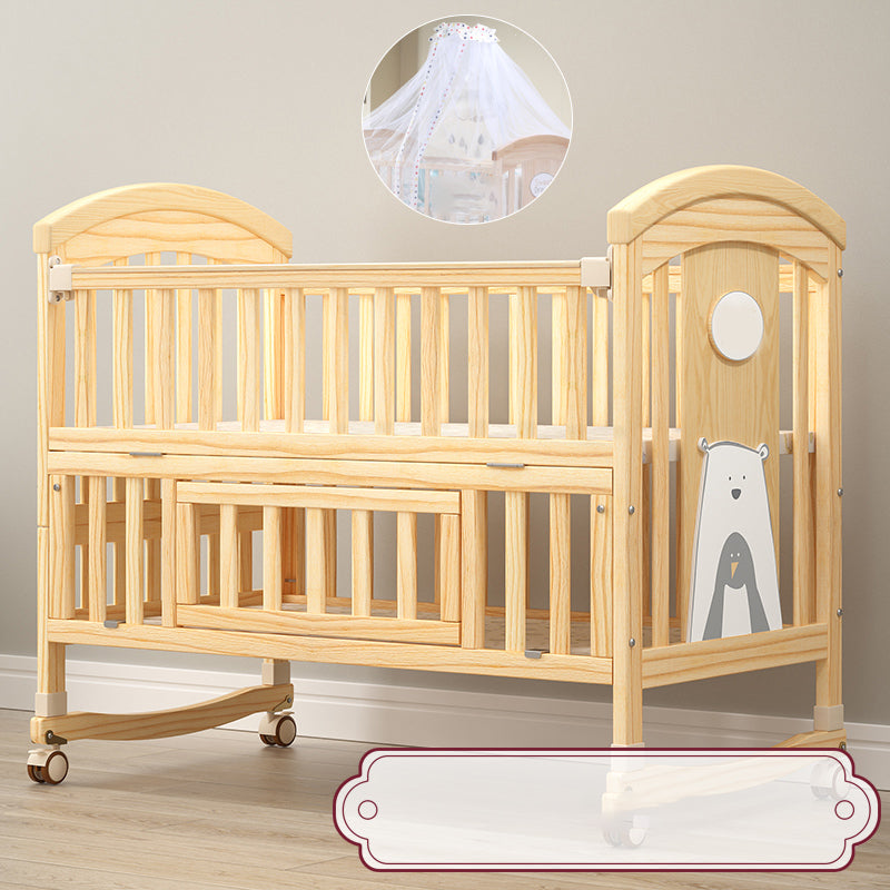 Modern Baby Crib with Guardrail with Casters/Wheels Washed Natural Nursery Bed