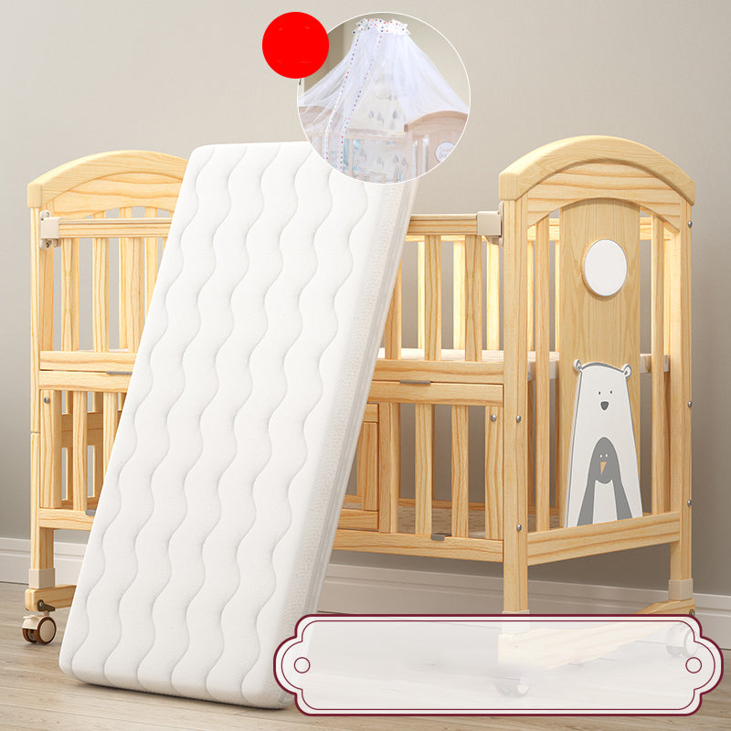 Modern Baby Crib with Guardrail with Casters/Wheels Washed Natural Nursery Bed