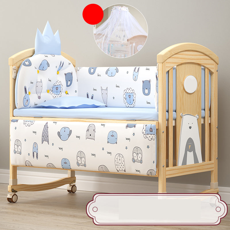 Modern Baby Crib with Guardrail with Casters/Wheels Washed Natural Nursery Bed