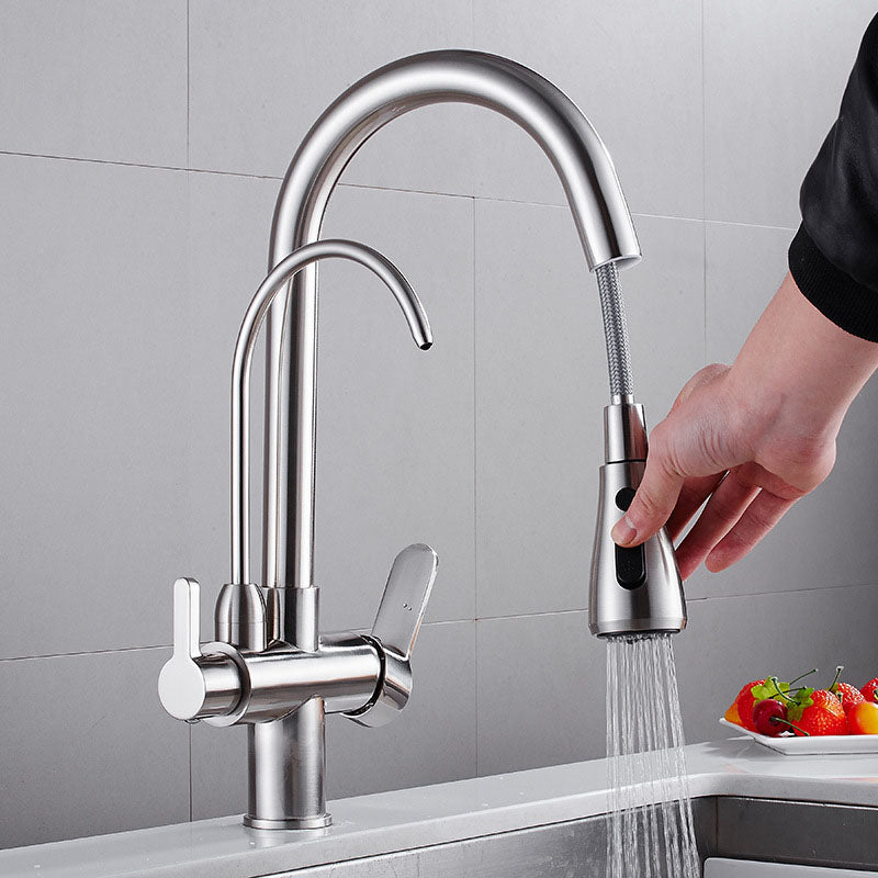 1 Hole Kitchen Faucets Metal Pulldown Sprayer Kitchen Faucet with Double Handles