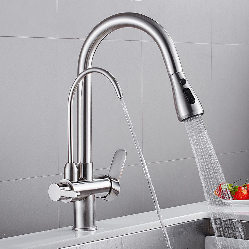 1 Hole Kitchen Faucets Metal Pulldown Sprayer Kitchen Faucet with Double Handles