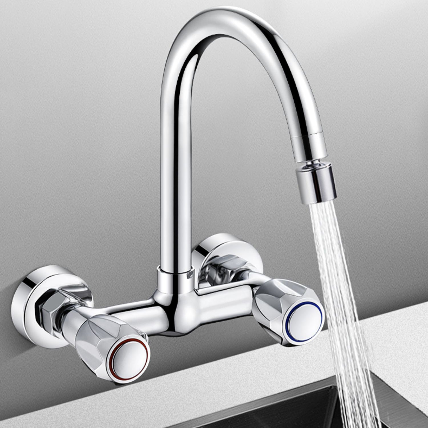 Contemporary Wall Mounted Pot Filler Faucet High Arch Swivel Spout 2 Hole Kitchen Faucet