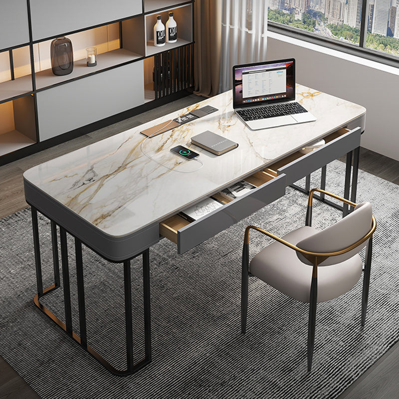 Modern Stone Office Desk Rectangular Shape Task Desk with 2-Drawers in Grey